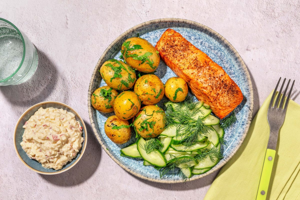 Ugnsbakad lax och curry- och äppelremoulad