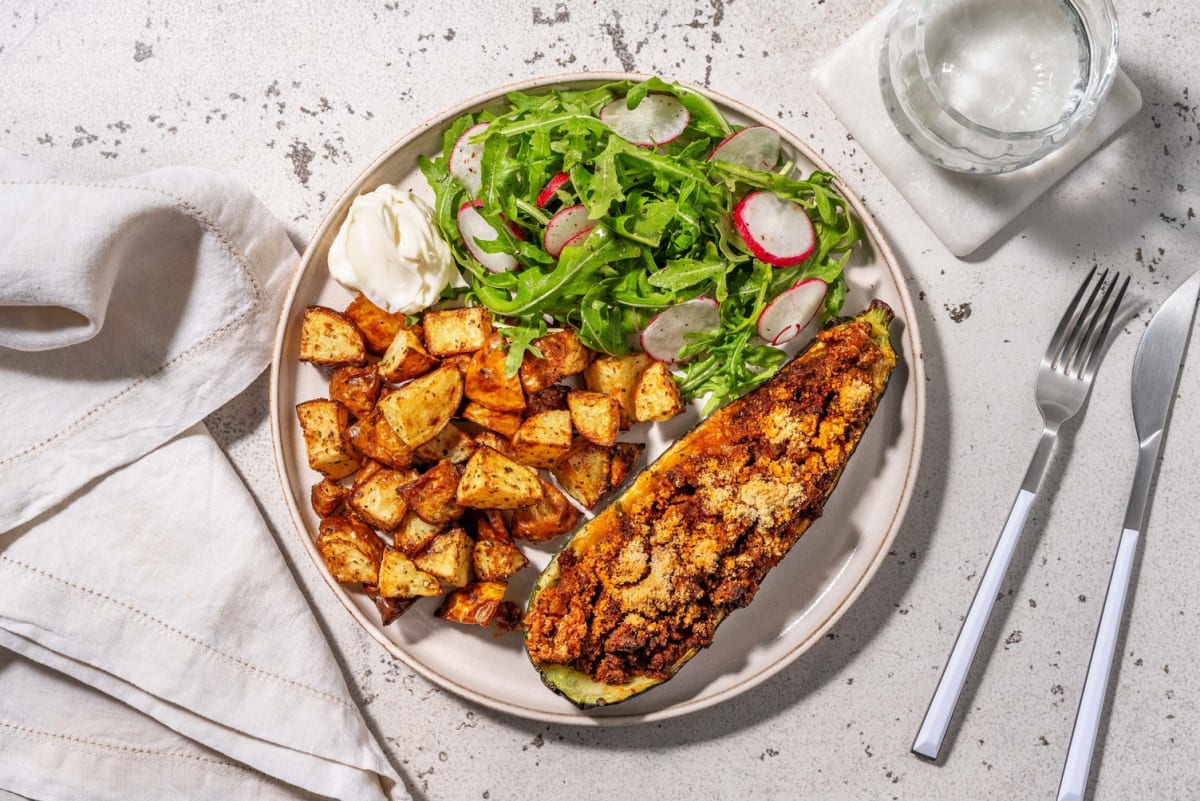 Veggie mince ragu stuffed zucchini