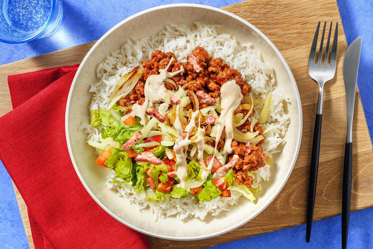 Beef and Bacon Cheeseburger Inspired Rice Bowl