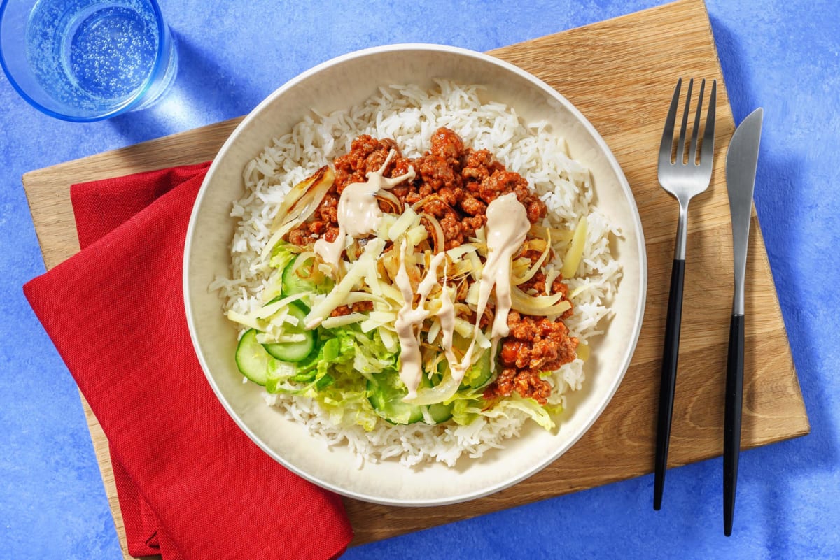 Cheeseburger Style Beef Rice Bowl