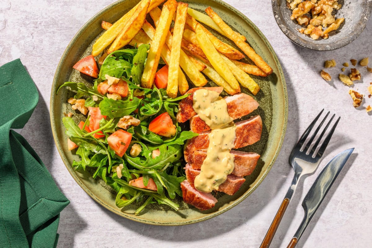 Steak Diane på fläskkotlett och pommes