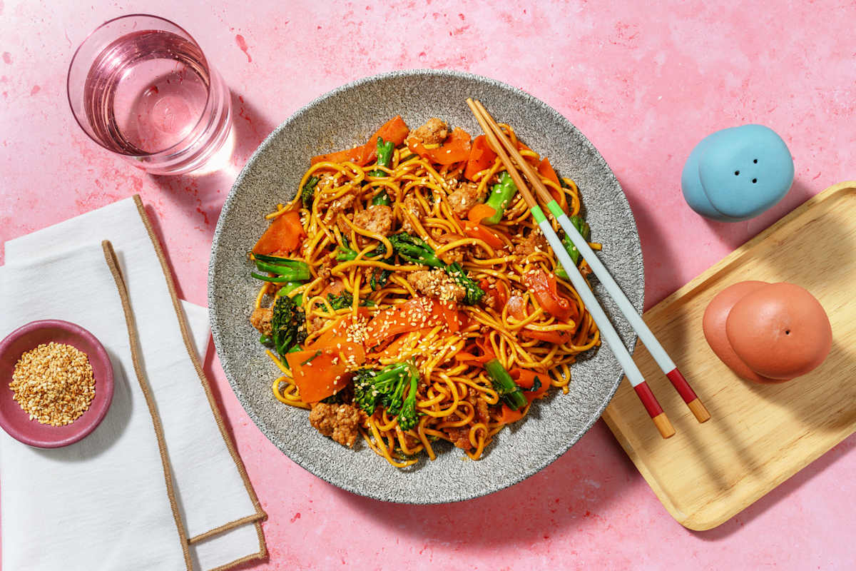 Honey Sesame Pork Noodle and Veggie Gyoza Stir-Fry