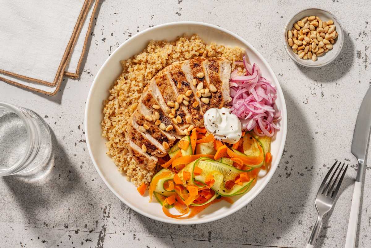 Honey harissa chicken and toasted pinenut 