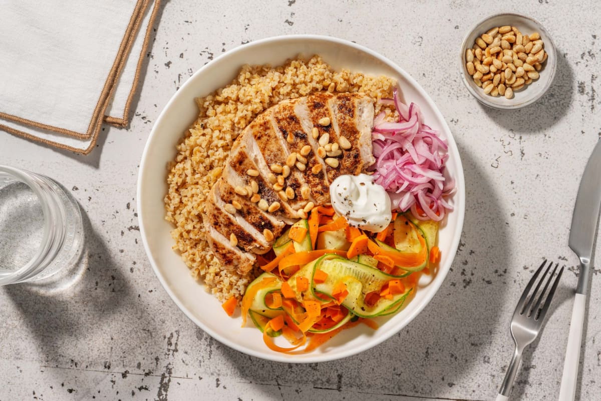 Honey harissa chicken and toasted pinenut 