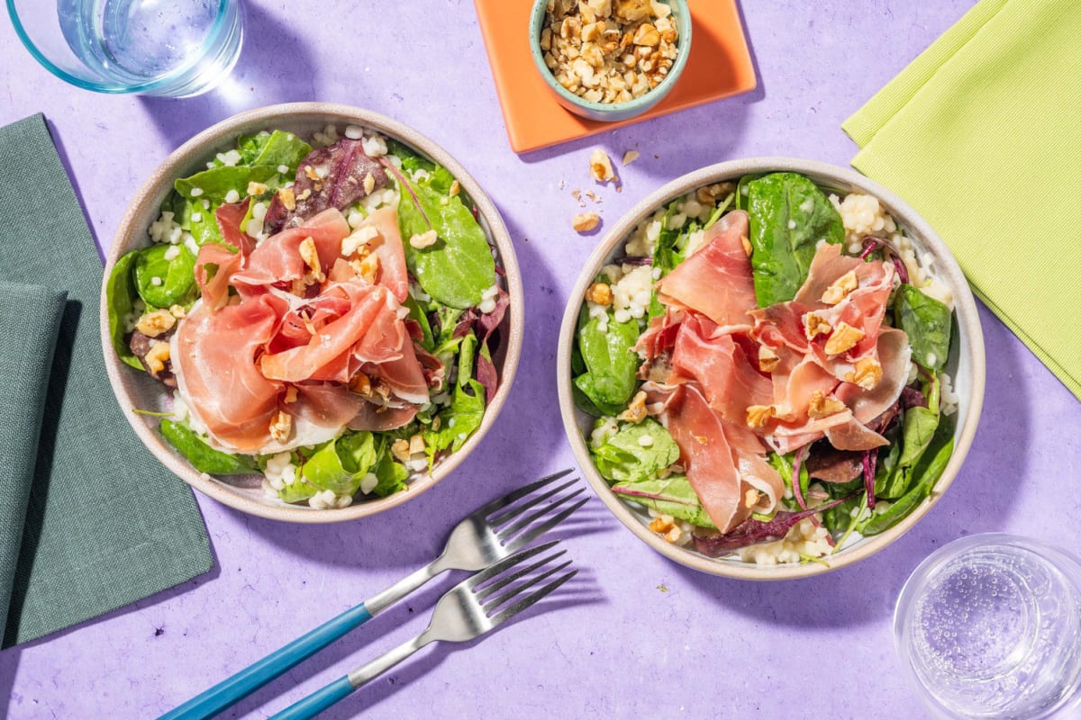 Prosciuttosalat med honning-sennepsdressing
