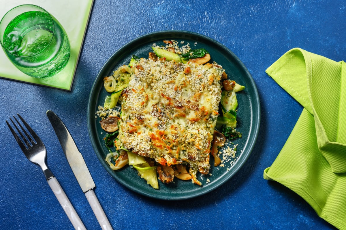 Lasaña de verduras con panko y queso gratinado