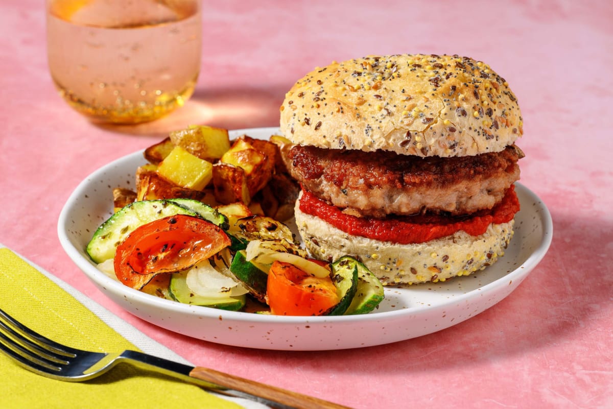 Kipburger met bruschettadip