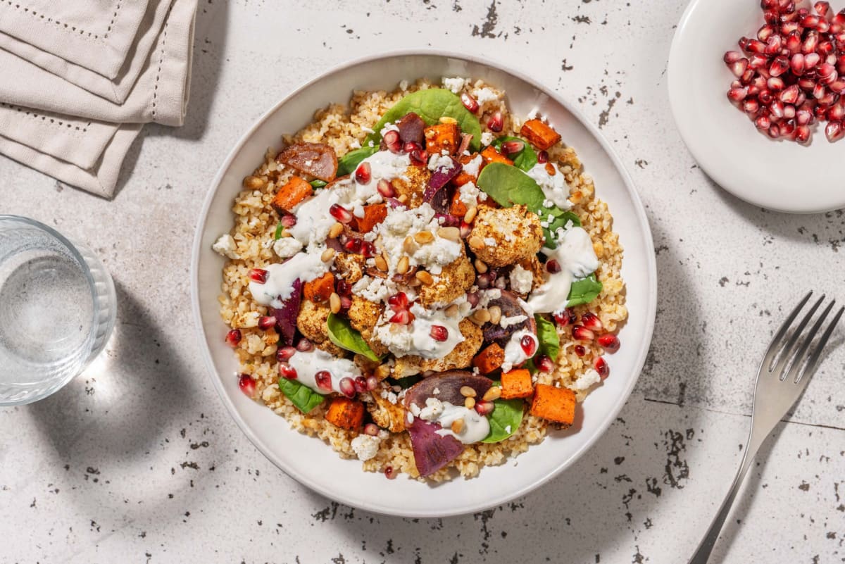 Winter inspired grilled veg and bulgur bowl