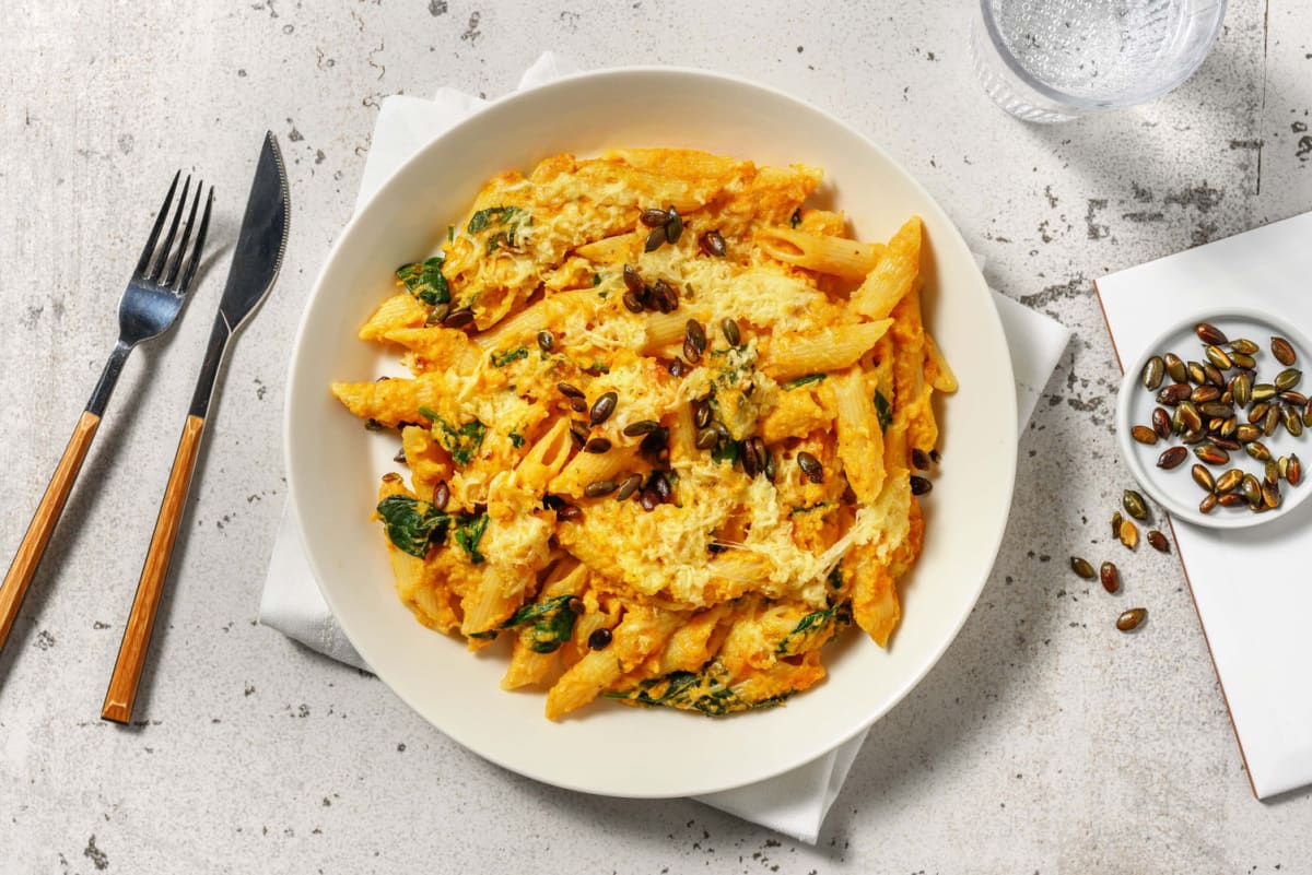 Cheesy pastaschotel met pompoen