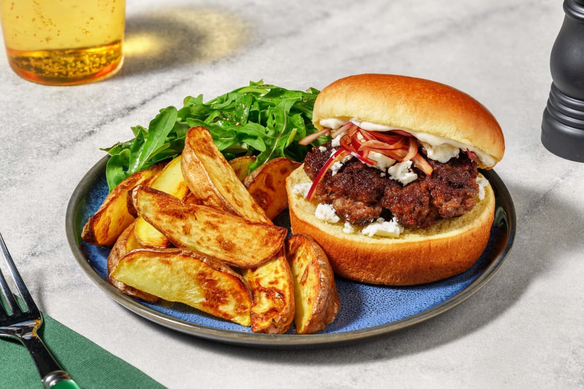 Greek Inspired Lamb Burger and Wedges