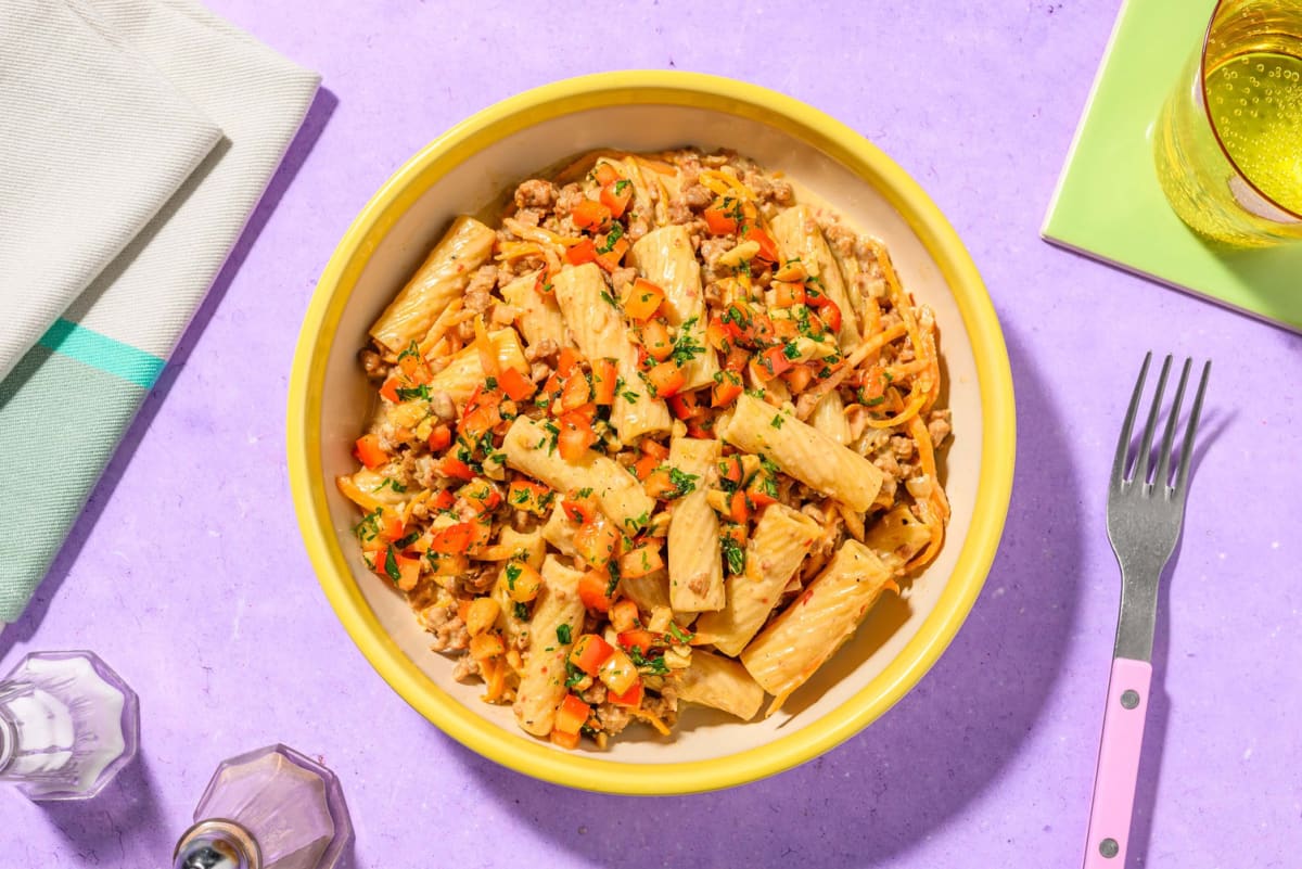 Coconutty Caribbean veggie mince rigatoni