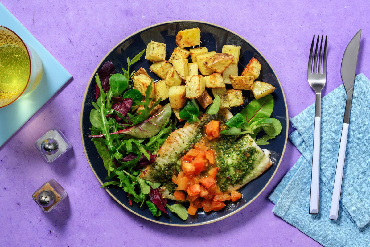 Pesto Baked Basa and Warm Tomato Salsa Recipe | HelloFresh