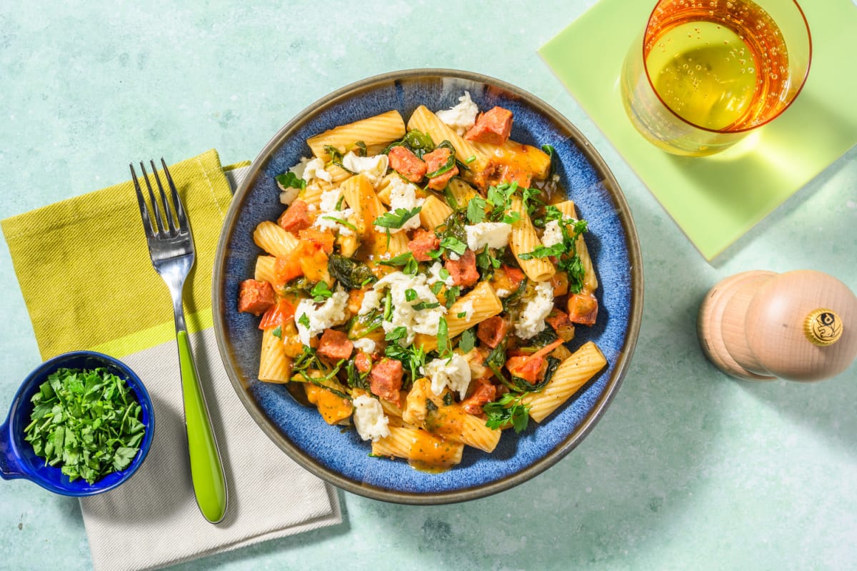 Red Rigatoni with Chorizo and Mozzarella