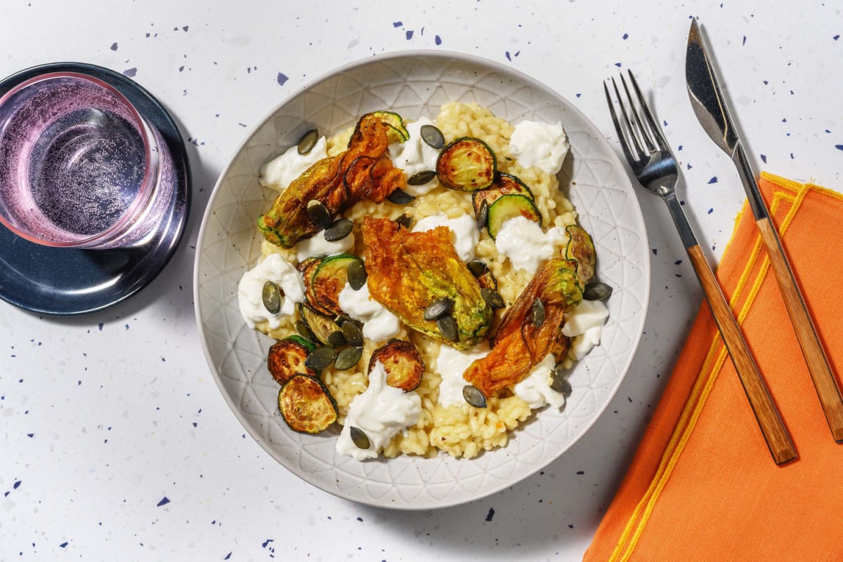 Risotto burrata, gamberi e fiori di zucchina