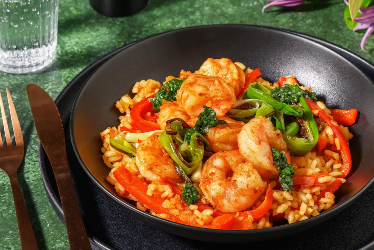King prawns paella and charred spring onion