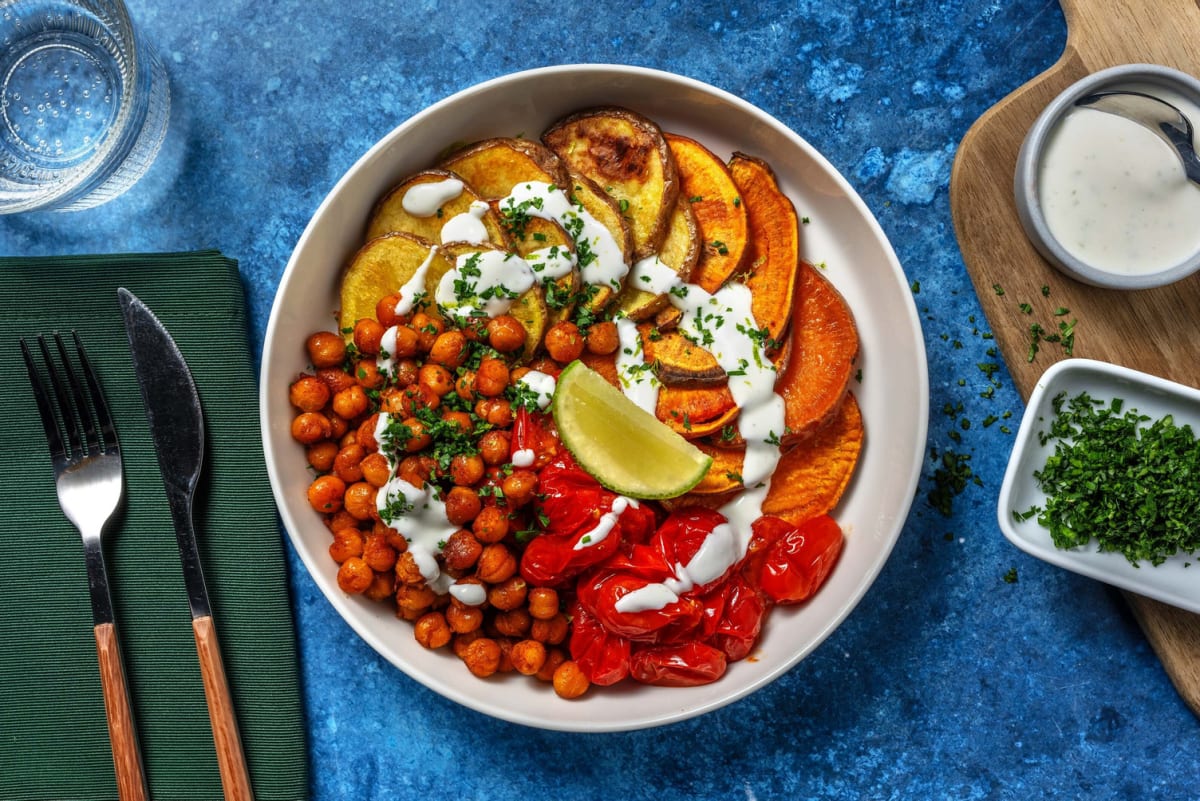 Patate dolci sauté, yogurt greco e ceci