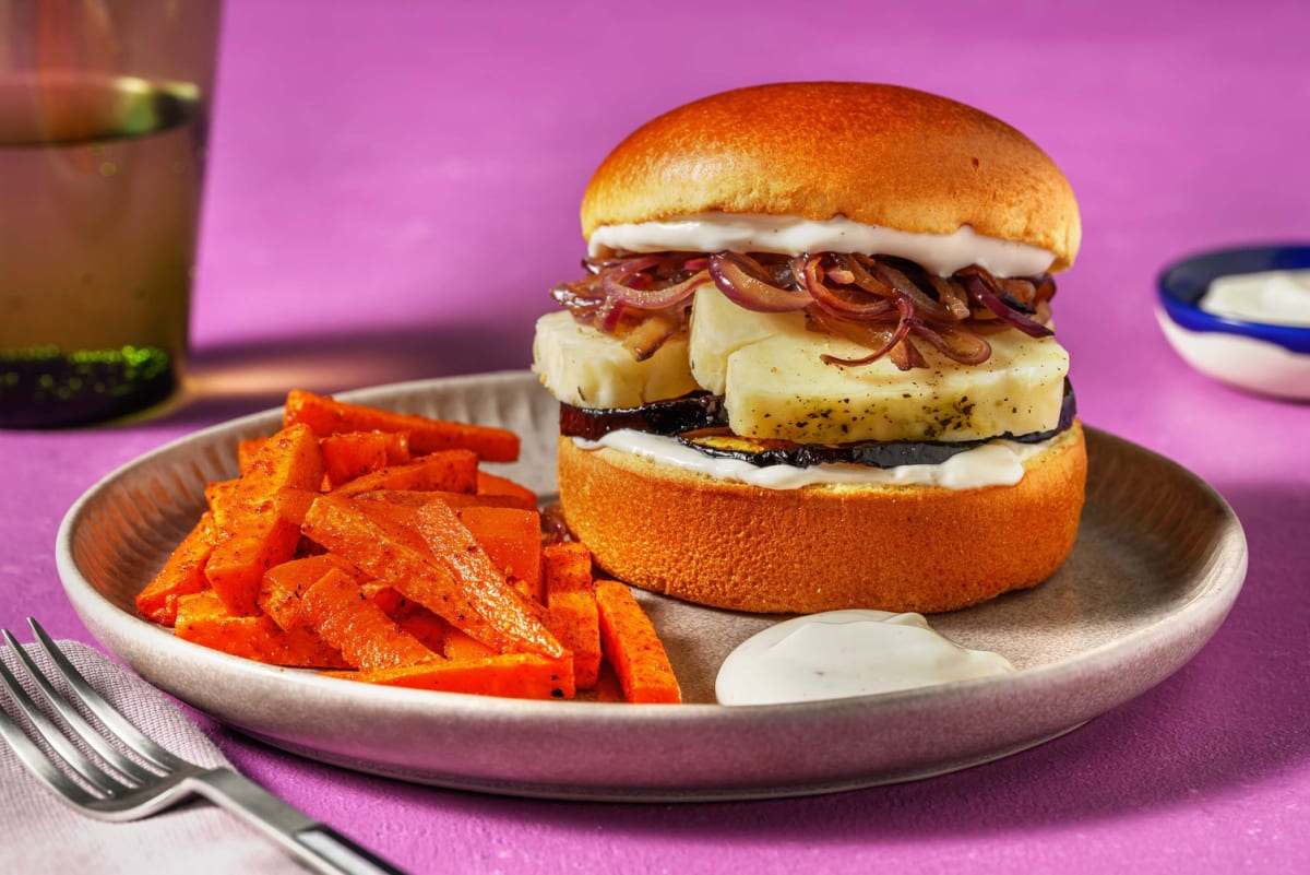Grillbratchäs-Auberginen-Burger