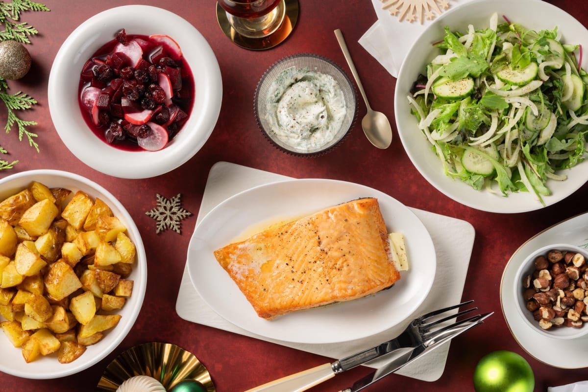 Roasted Scandi salmon feast and dill sauce