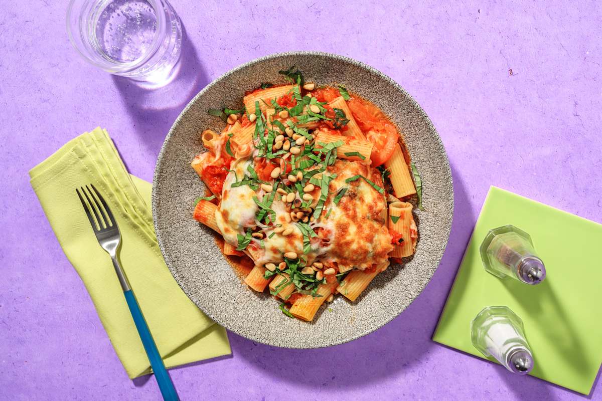 Rigatonigratäng med ricotta och spenat