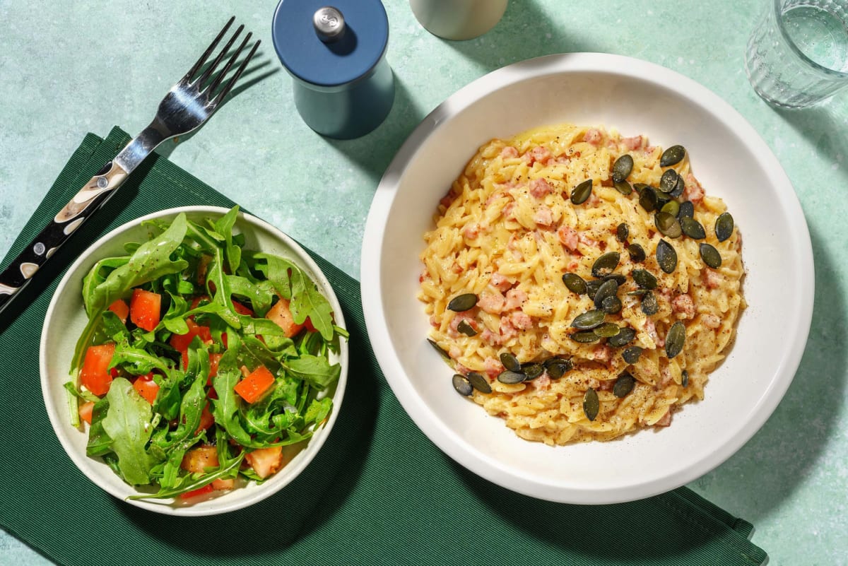 Snabb bacon- och orzocarbonara
