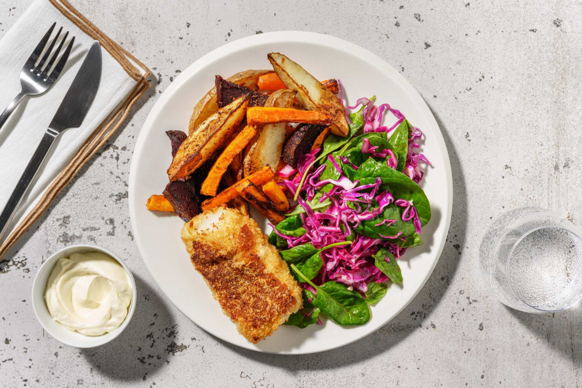 Sprød BBQ-fisk og regnbuefritter