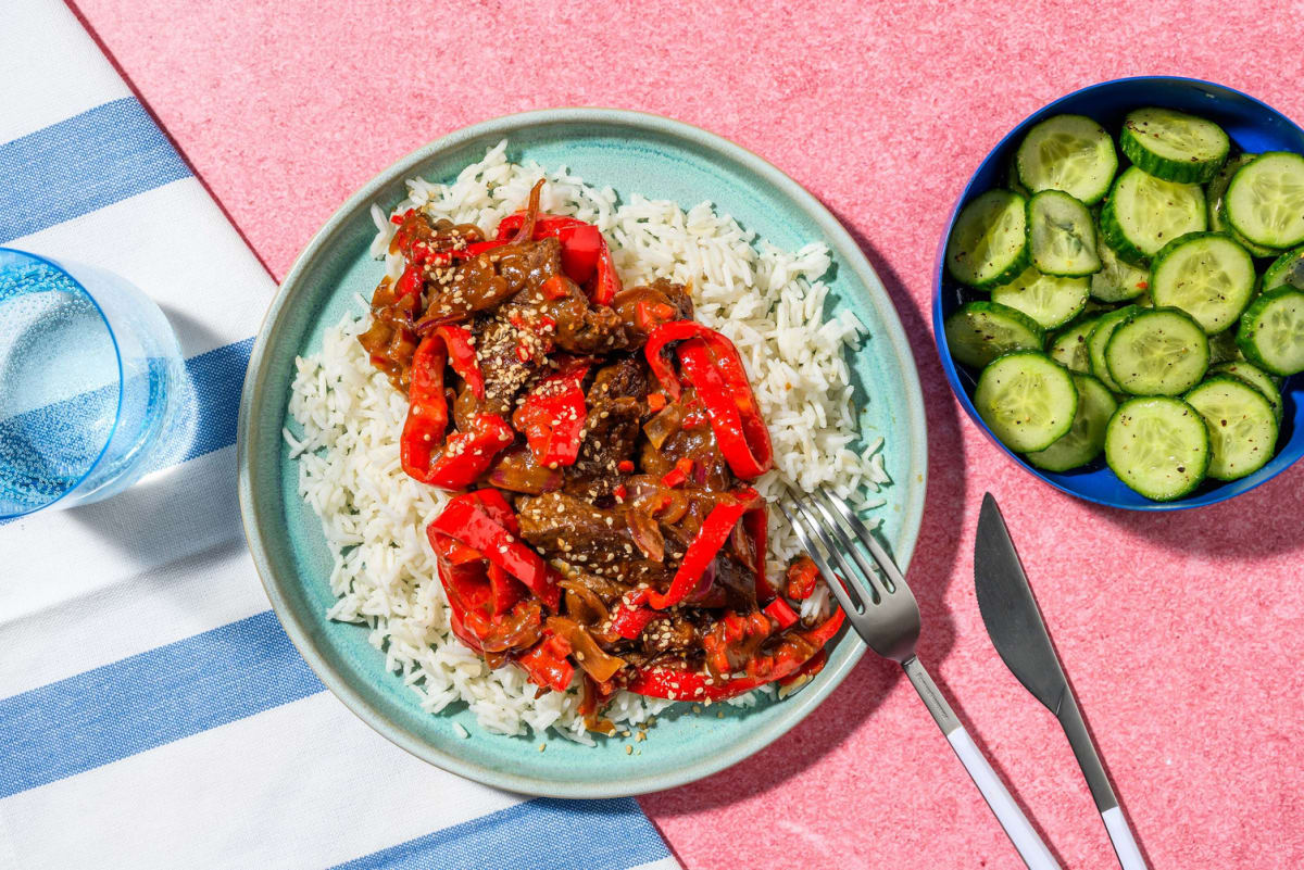Émincés de bœuf en sauce aux haricots noirs légèrement relevée