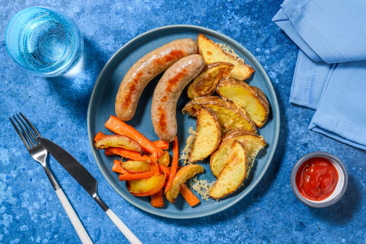 Cumberland Sausages and Cheesy Wedges