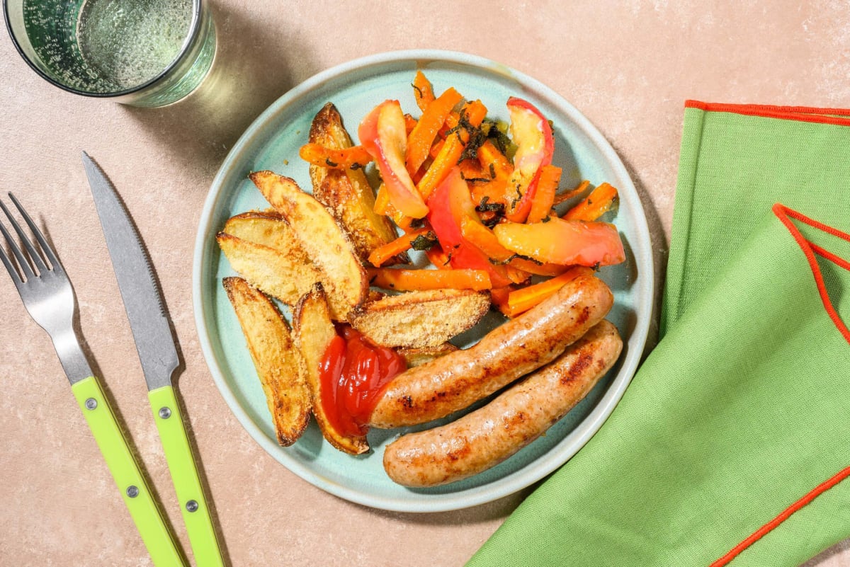 Cosy Double Sausage Traybake and Cheesy Wedges