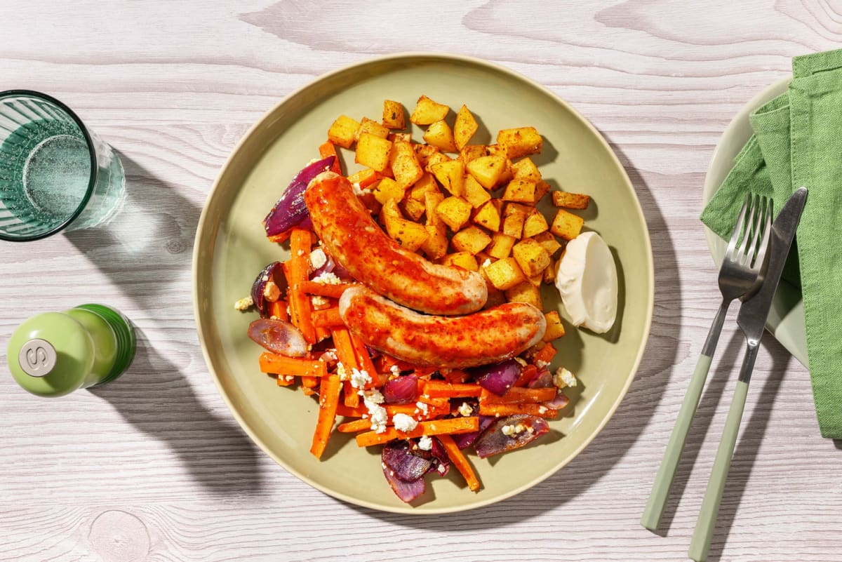 Honey Harissa Veg and Double Sausage Traybake
