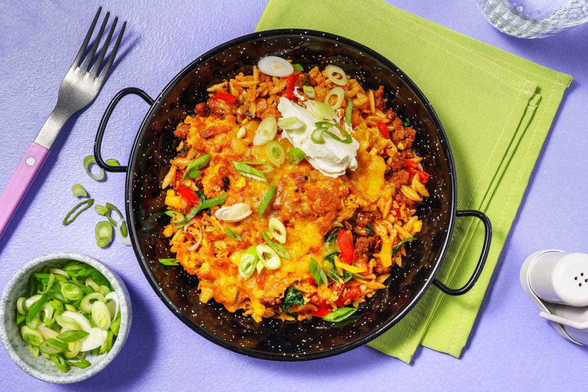 Cheesy Tex-Mex Beyond Meat® and Orzo Skillet