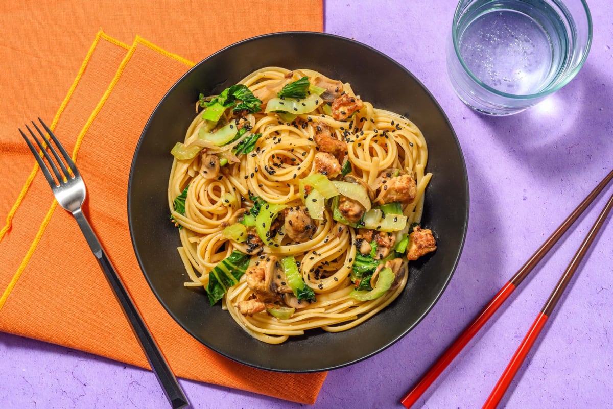 Umami Miso Tofu and Chicken Mushroom Noodles