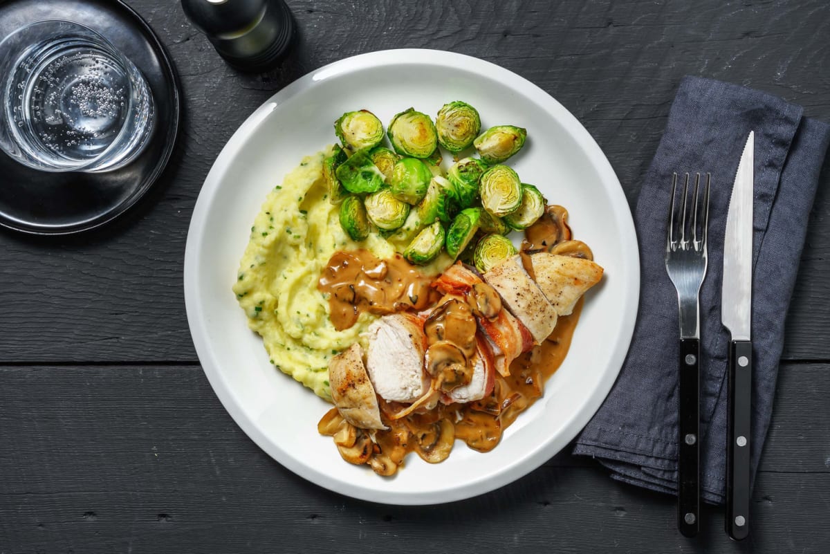 Bacon-Wrapped Organic Chicken Breast and Mushroom Gravy