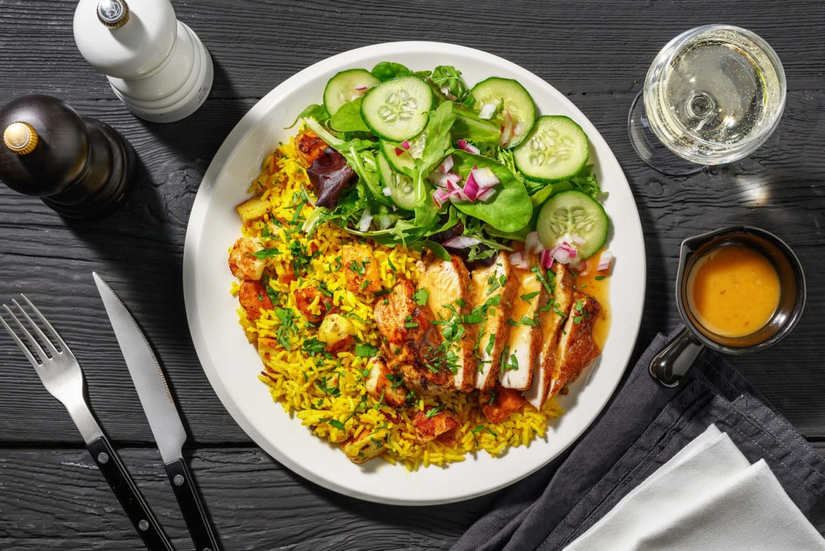 Poulet aux figues à la harissa et riz au haloumi doré