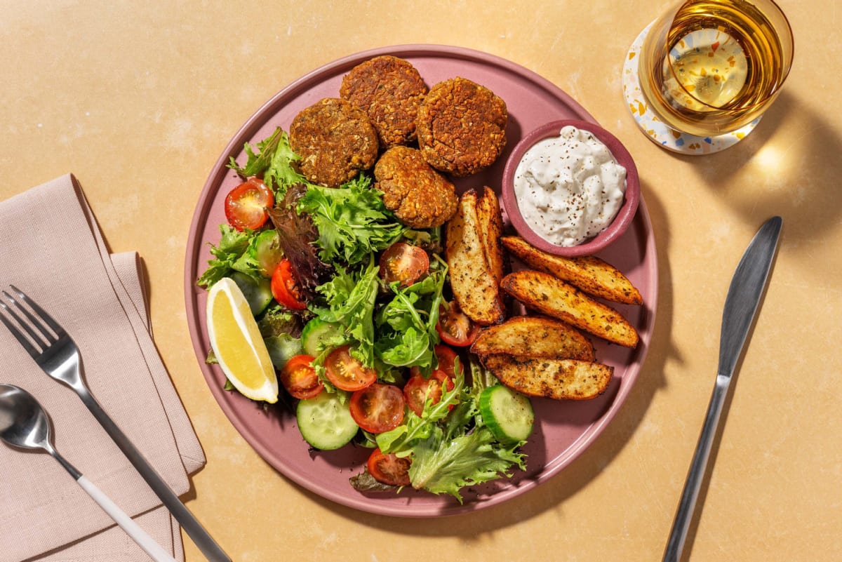 Double falafels et quartiers de pommes de terre aux épices Shawarma