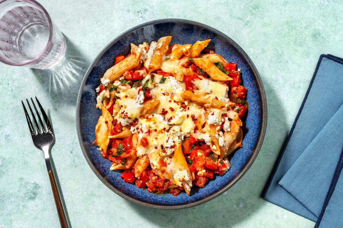 Poêlée de zitis aux légumes et ricotta épicée au chili