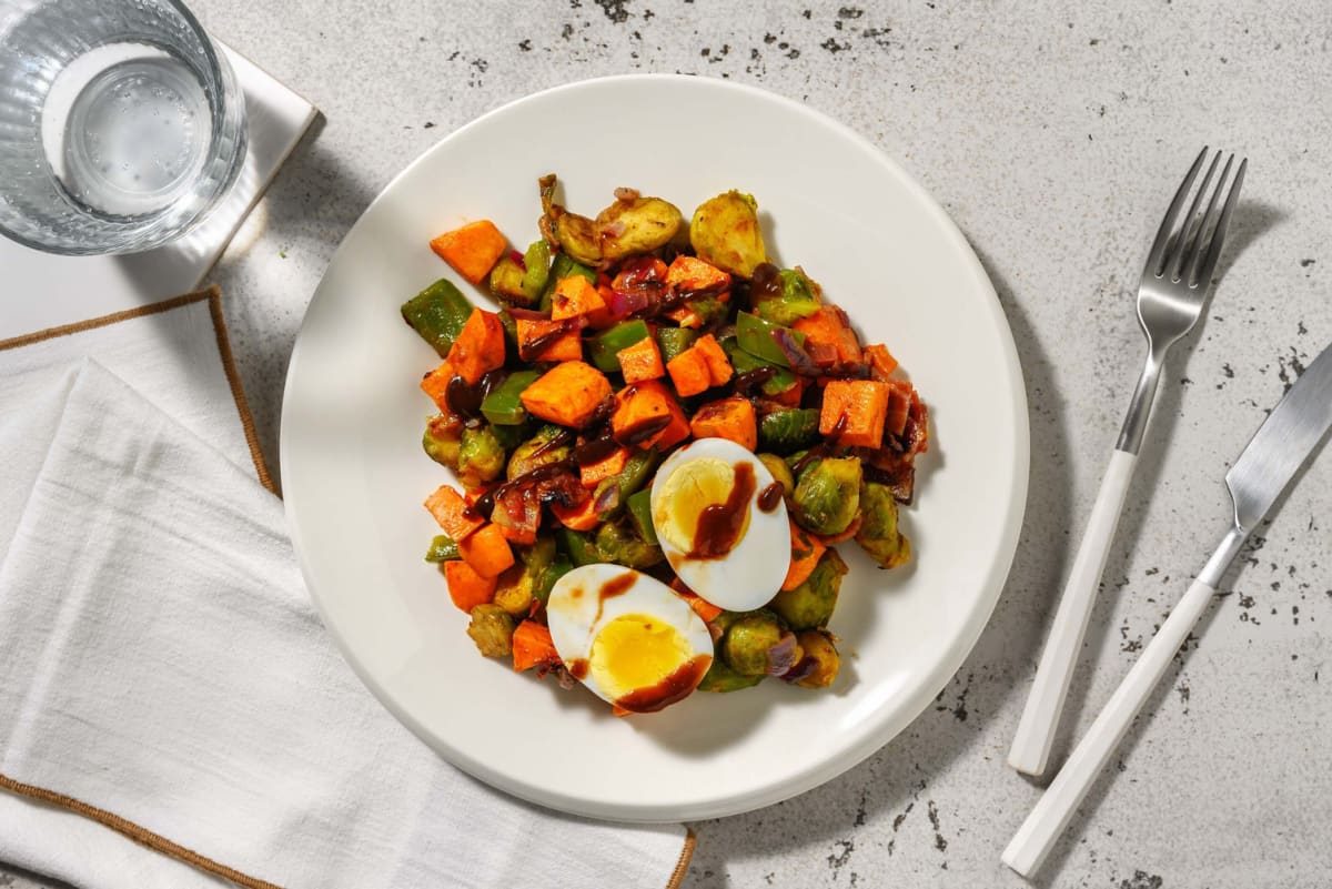 Carb Smart Brussels Sprouts, Chicken Breasts and Bacon Hash 