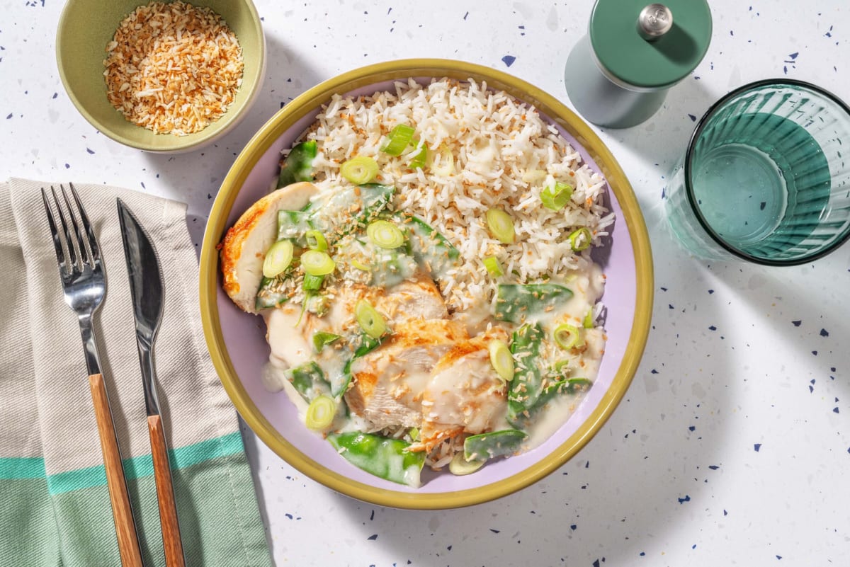 Poulet rôti et riz à la noix de coco grillée