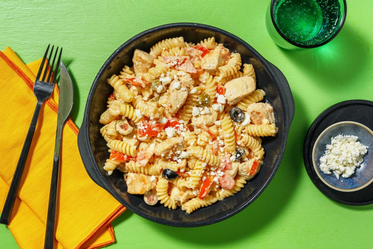 Pâtes Fusilli au Tofu et à la feta à l'ail