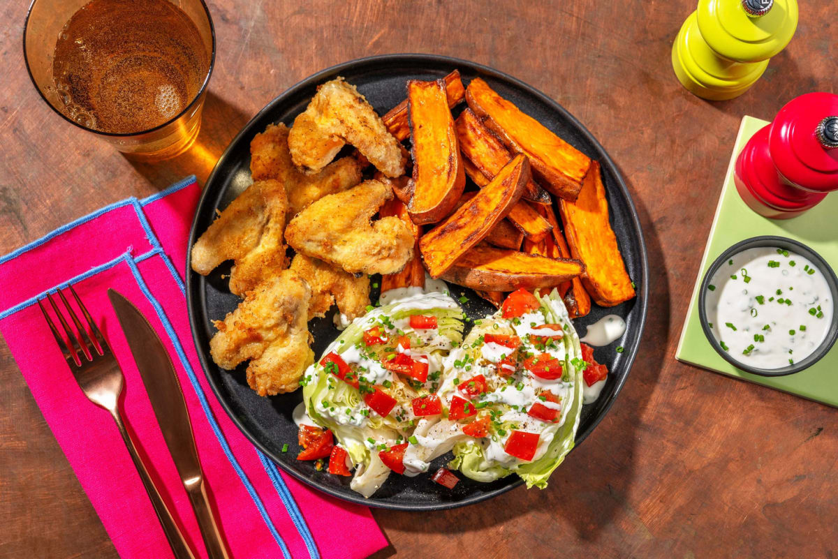 Golden Fried Chicken Wings and Ranch Wedge Salad