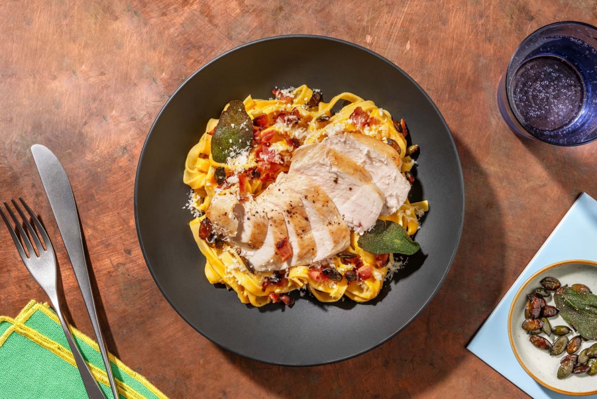 Creamy Chicken,  Bacon and Squash Linguine