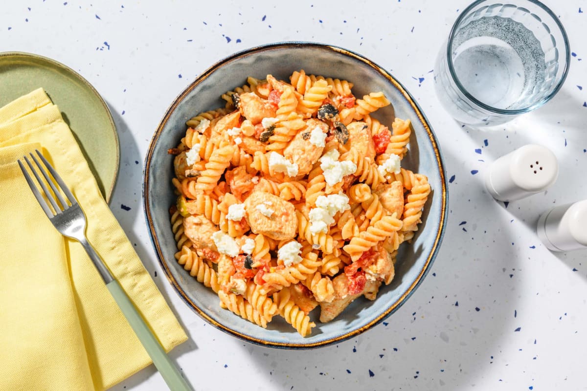 Garlicky Chicken Tenders and Feta Fusilli Pasta 