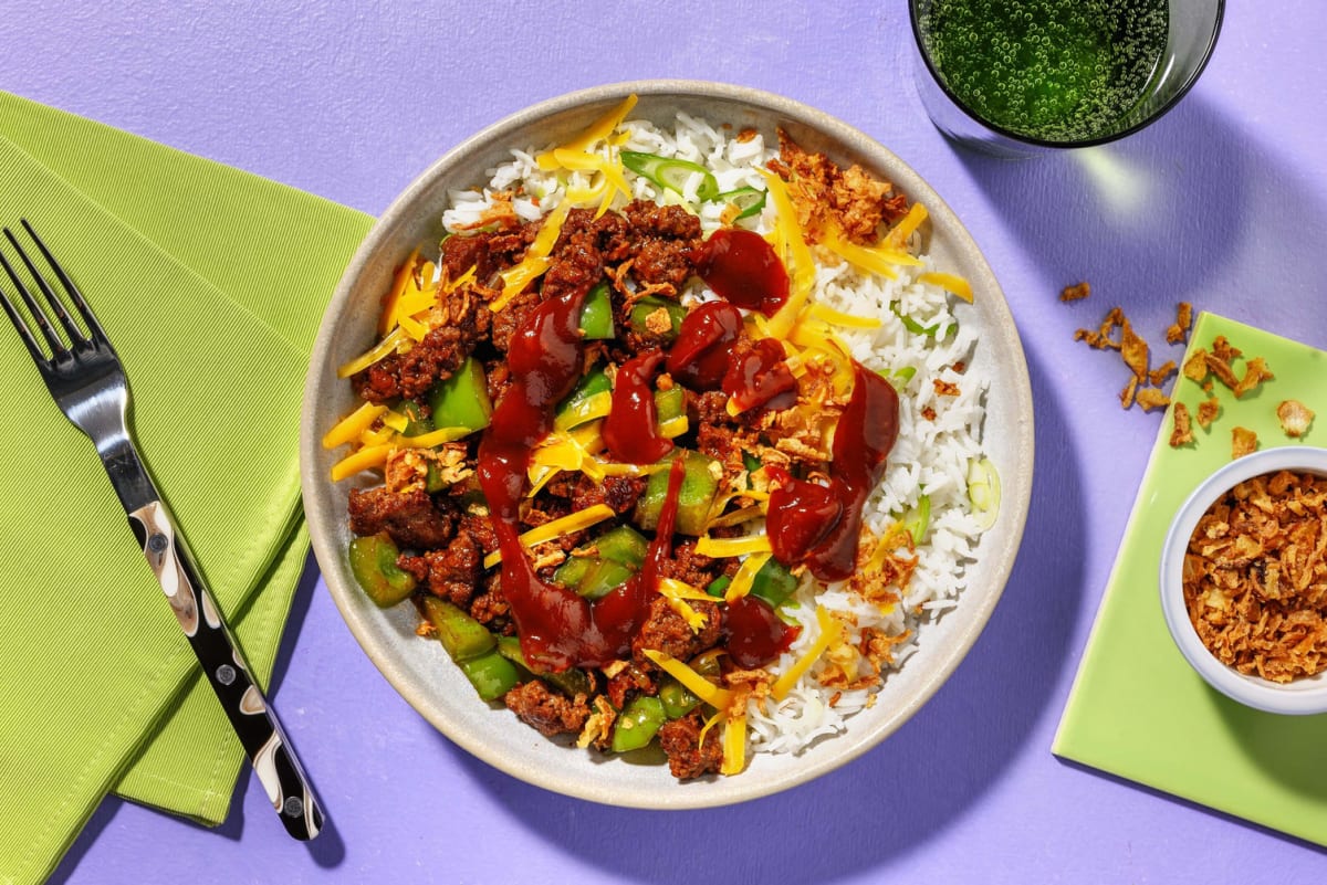 Cheesy BBQ Beef and Rice Bowls