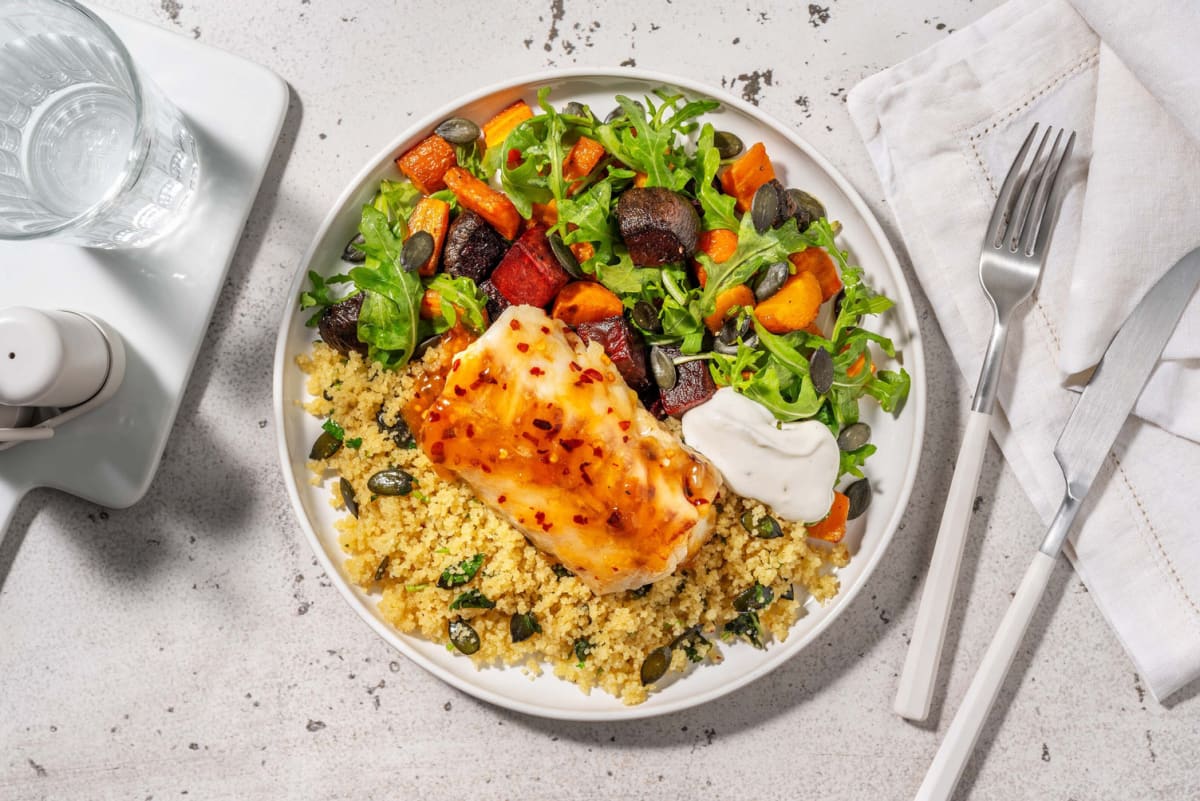 Pandestegt hvid fisk og chili-abrikosglace