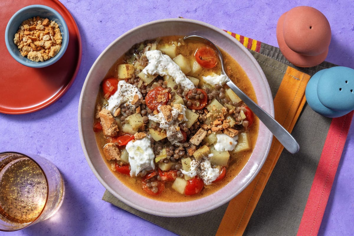 Minestra di lenticchie e burrata fresca