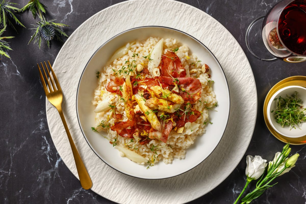 Risotto aus weißem Spargel und Bacon