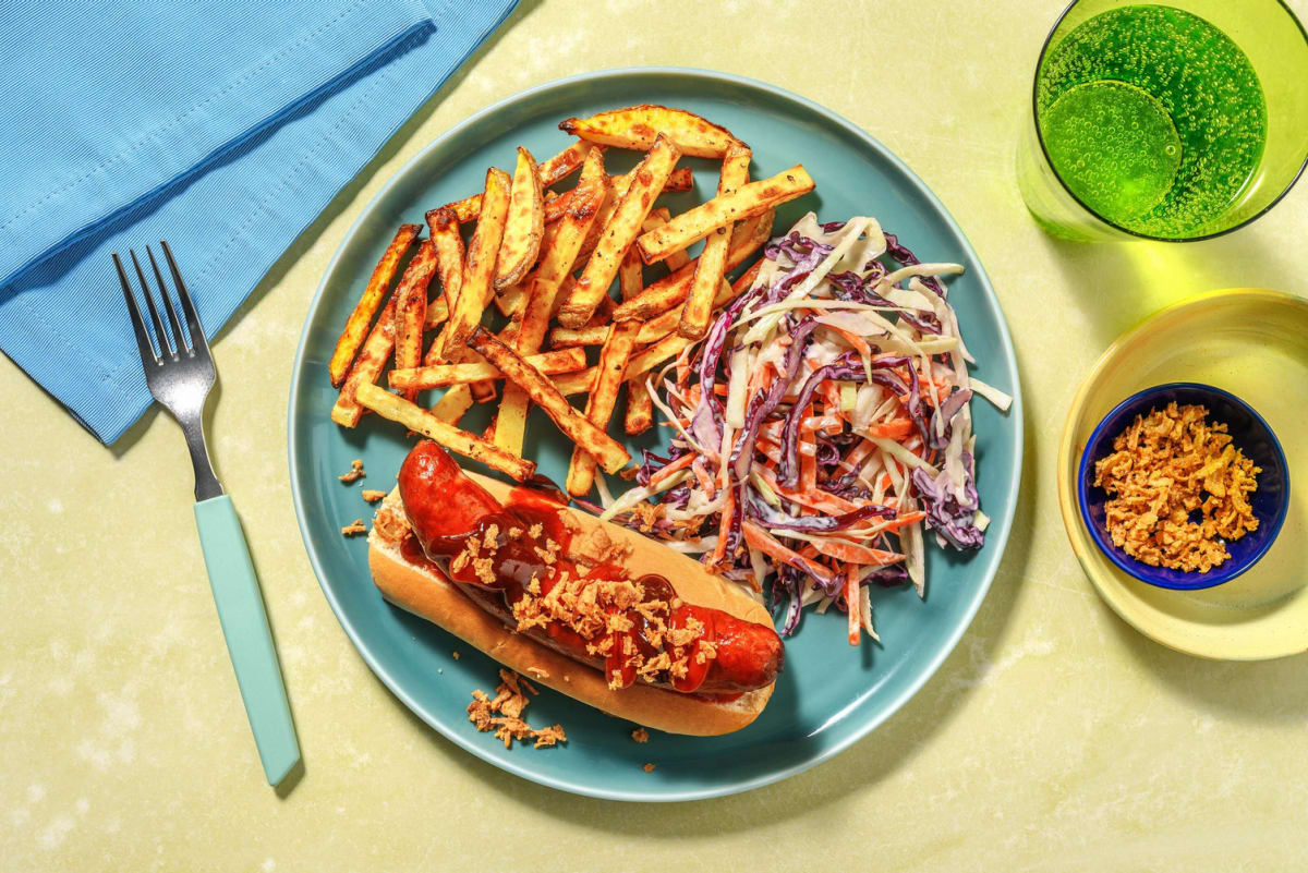 Crispy Onion Topped BBQ Hot Dogs