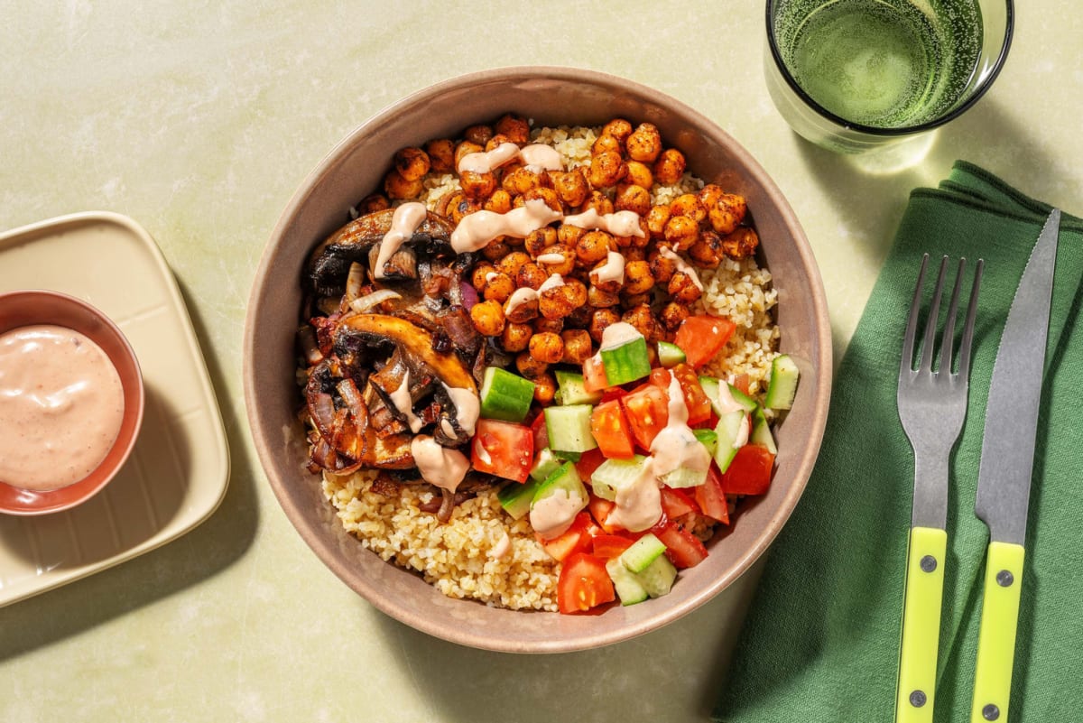 Bulgurbowl met harissa en portobello