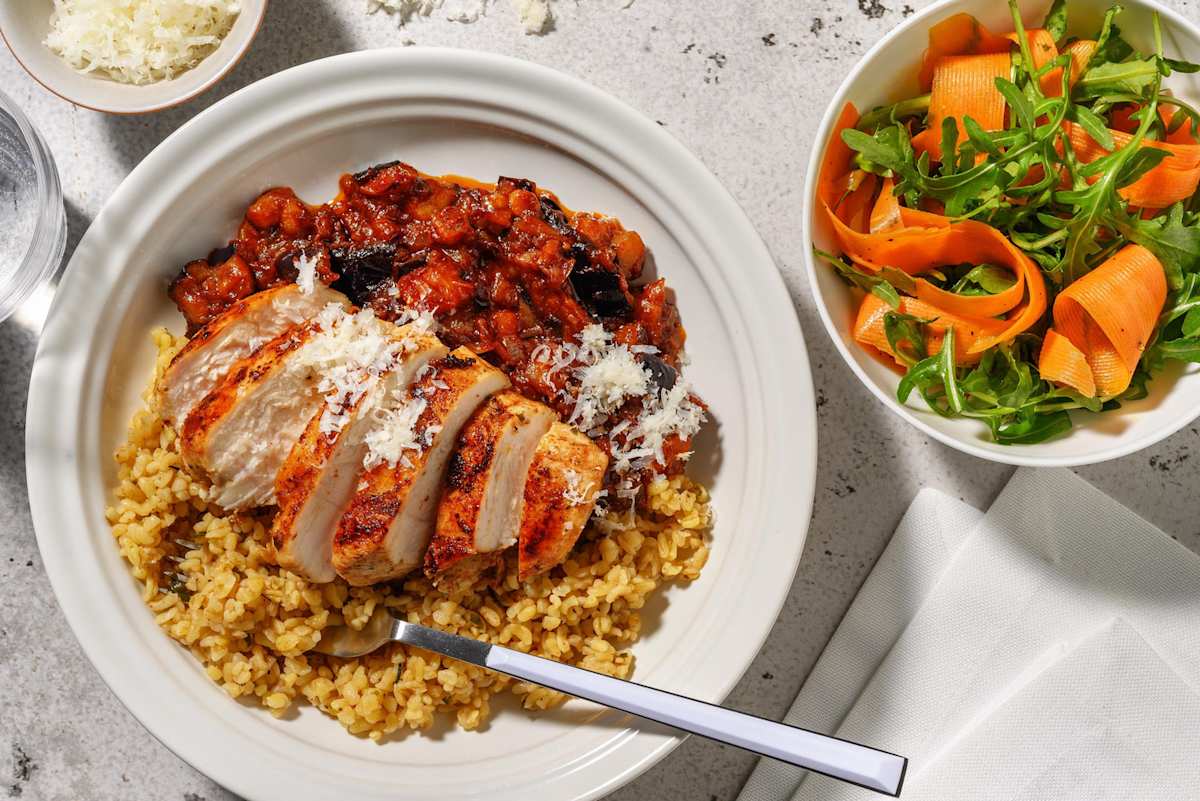 Seared chicken breast and aubergine caponata