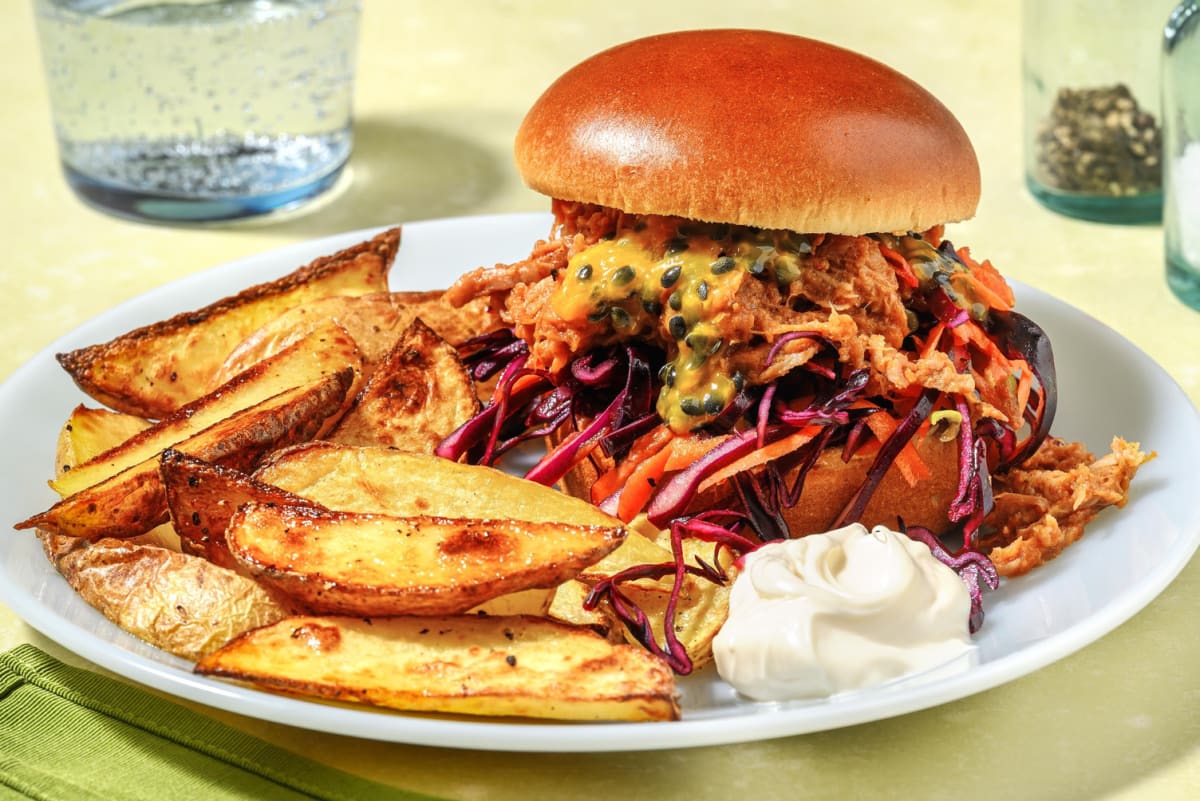 Pulled pork-burger og pasjonsfruktsaus