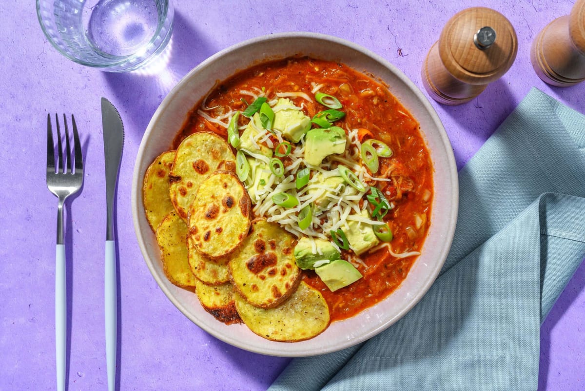 Pulled beef-chili og ovnsbakte poteter